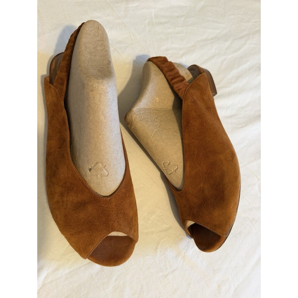 Sezane Brown Suede Peep-Toe Slingback Flat Mules Size 41 (US 10) Deep V Vamp - Picture 2 of 15
